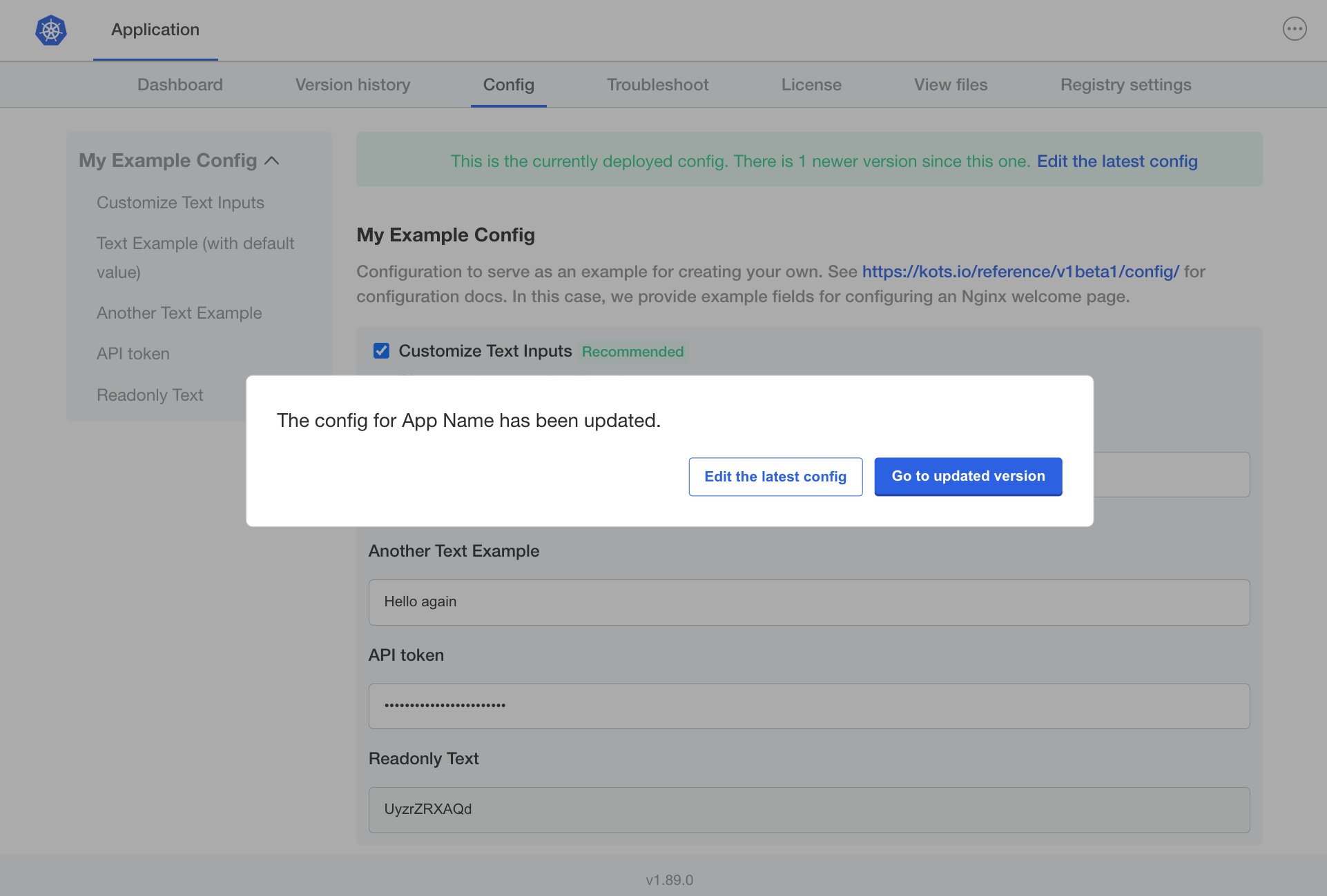 dialog over Admin Console configuration screen